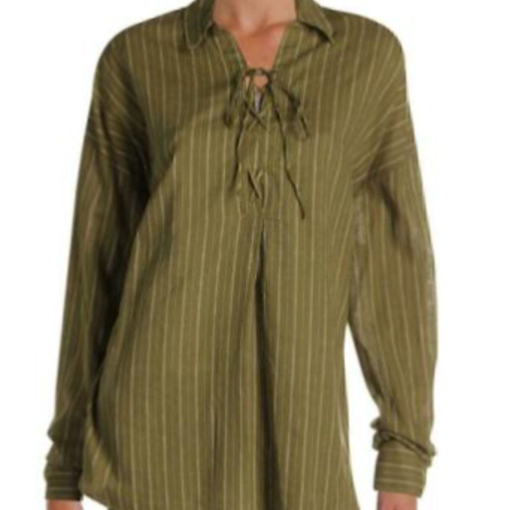Free People Womens Under The Boardwalk Green Linen Blouse Top